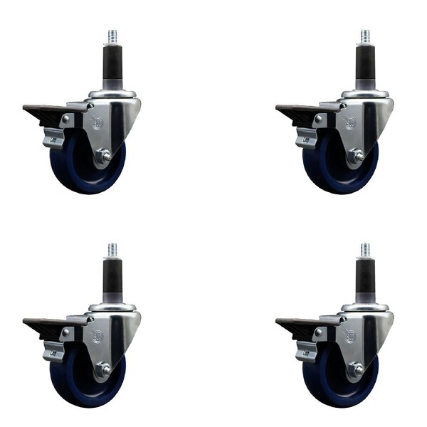3.5'' Solid Poly Swivel 1-1/8'' Expanding Stem Caster Set with Brake, 4PK